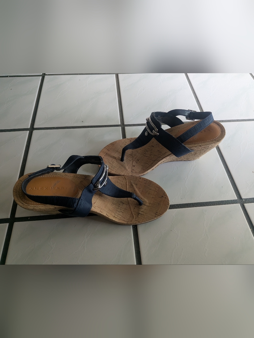 Alex Marie Navy Cork-Style Wedge Thong Sandals